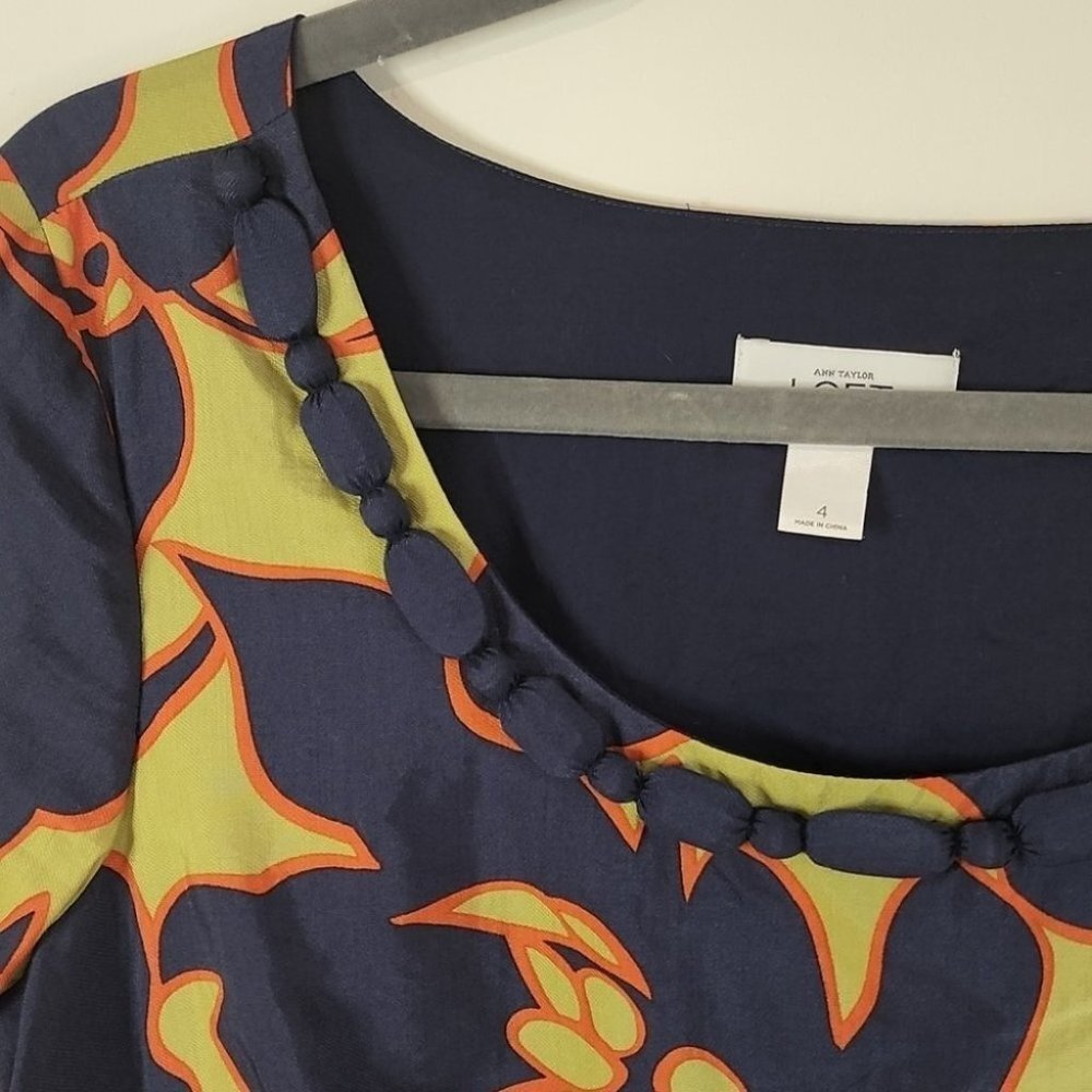 LOFT by Ann Taylor Blue Green Floral Mini Round Neck Mini Shirt Dress 4 T20 - Picture 4 of 10